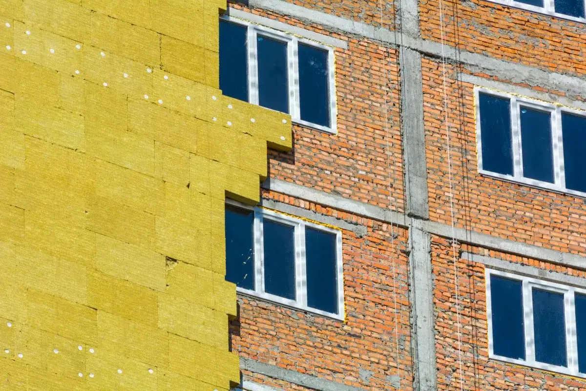 Isolamento a cappotto giallo su facciata in mattoni, con finestre bianche. Lavori in corso per il bonus facciate 2026.