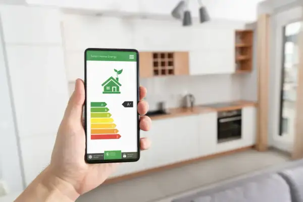 Smartphone mostra un'app per la gestione dell'energia domestica con un grafico della classe energetica.