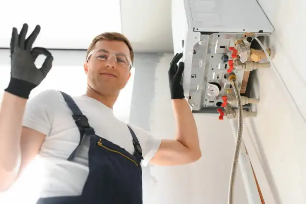 Installatore sorridente con occhiali protettivi e guanti fa segno OK vicino a una caldaia a compensazione appena installata.