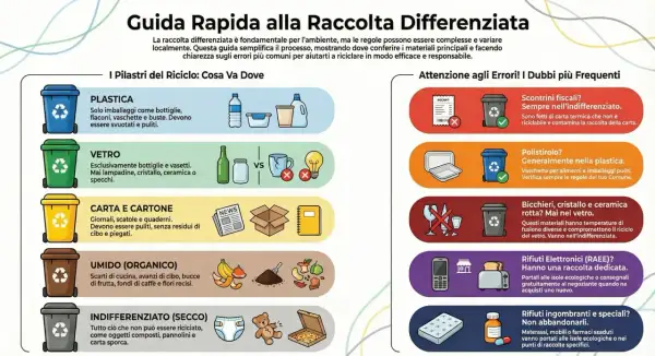 Guida alla raccolta differenziata: plastica, vetro, carta, organico e indifferenziato. Impara a riciclare correttamente per un ambiente più sano.