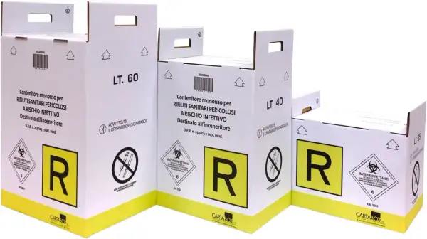 Contenitori per rifiuti speciali ospedalieri a rischio infettivo, destinati all'inceneritore. Etichettati per trasporto sicuro.