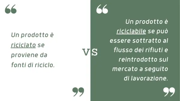 Un prodotto è riciclato se proviene da fonti di riciclo. Un prodotto è riciclabile se può essere sottratto al flusso dei rifiuti e reintrodotto sul mercato.