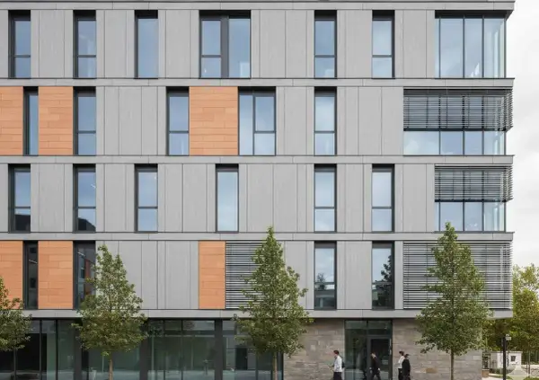Facciate ventilate prezzi: edificio moderno con pannelli grigi e arancioni, finestre ampie e alberi.
