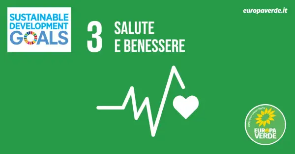 Obiettivo 3 Agenda 2030: Salute e Benessere. Grafica con elettrocardiogramma e cuore, logo Europa Verde.