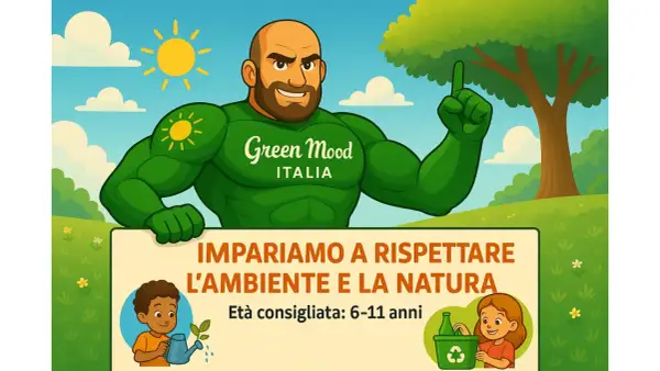 Supereroe verde insegna l'ecologia scuola primaria: bambini innaffiano piante e riciclano. Imparare a rispettare l'ambiente!