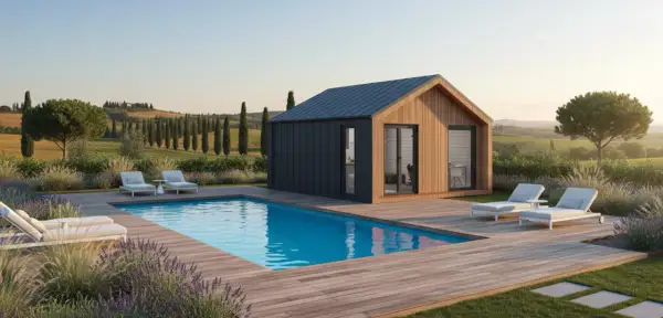 Modern prefab house with pool and lounge chairs in a Tuscan landscape.