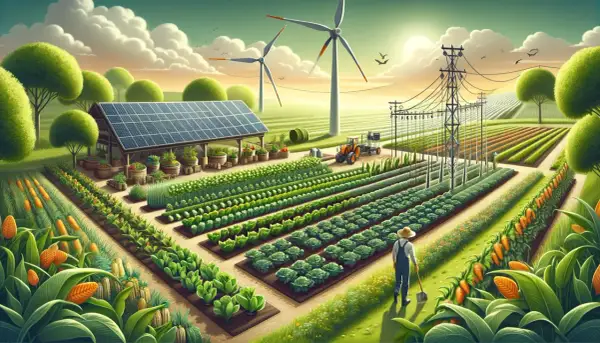 Un contadino lavora in un campo rigoglioso, circondato da pannelli solari, turbine eoliche e colture ordinate. Questo è il significato di agricoltura sostenibile: armonia tra natura e tecnologia per un futuro verde.