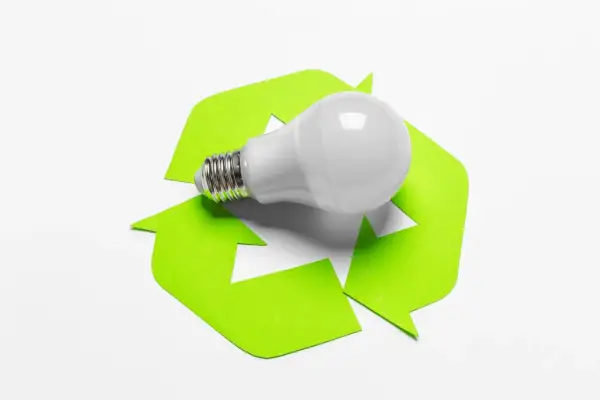 Lampadina LED su simbolo del riciclo. Sai dove buttare le lampadine esauste per un futuro più verde.