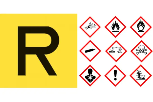 Simboli di pericolo per rifiuti pericolosi e non pericolosi. La "R" su sfondo giallo indica un'area di raccolta.