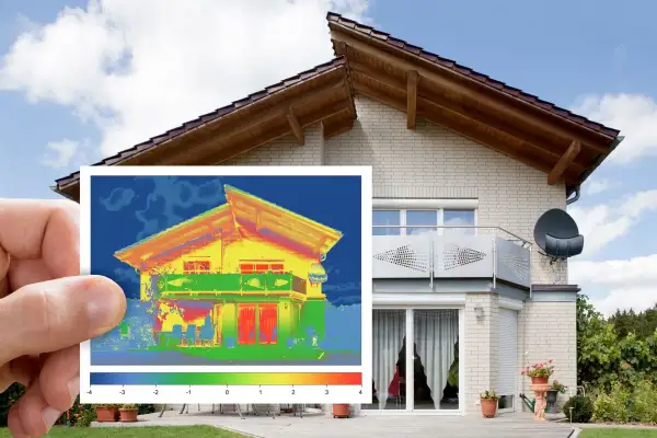 Una mano tiene una foto di una casa con termografia a infrarossi, che mostra le dispersioni di calore.