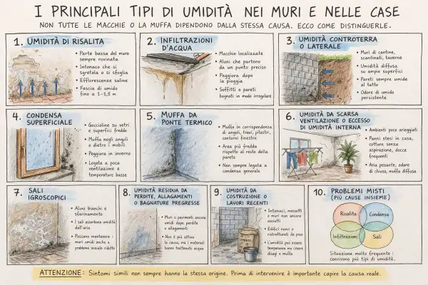 Condensa superficiale: goccioline su vetri e superfici fredde, muffa negli angoli. Peggiora in inverno, legata a poca ventilazione e temperature basse.