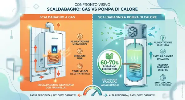Confronto tra scaldabagno a gas e pompa di calore per acqua calda. La pompa di calore è più efficiente ed ecologica.