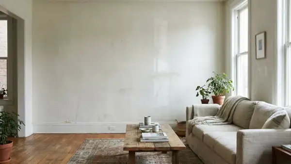 Soggiorno con divano beige, tavolino in legno e pareti che mostrano le imperfezioni, suggerendo tecniche di pittura pareti per un look rustico.
