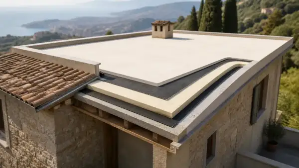 Strati di isolamento termico tetto esterno su una casa con vista mare.