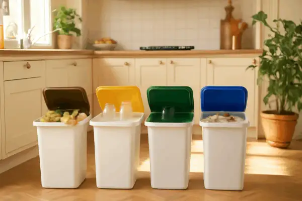 Quattro bidoni colorati (marrone, giallo, verde, blu) aiutano a differenziare i rifiuti in cucina, promuovendo un corretto smaltimento.