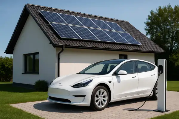 Casa con pannelli solari e auto elettrica in carica. Un esempio di come il conto termico cos'è e incentiva l'energia pulita.