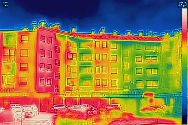 Analisi termica di un edificio con termocamera per edilizia: zone rosse indicano dispersioni di calore, verdi e blu zone più fredde.